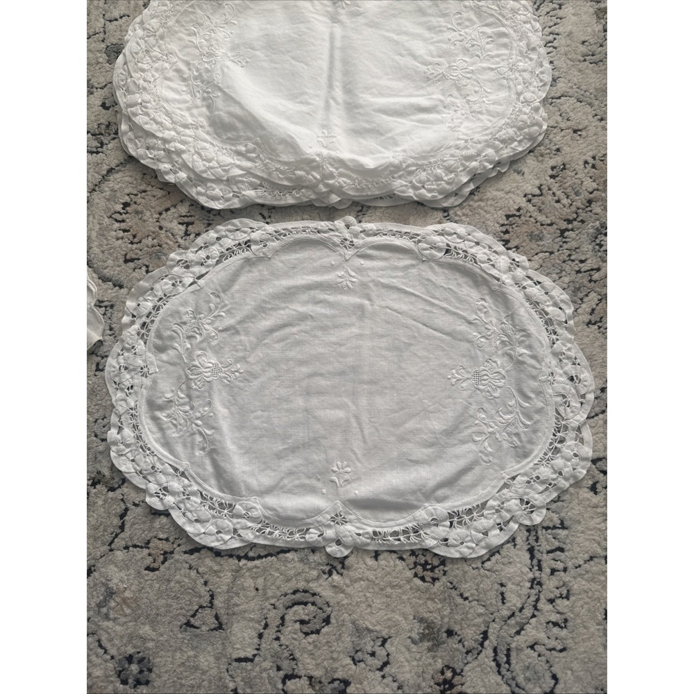 Vintage White Doilies Oval 18x13 5in with Lace Trim and Embroidery Lot of 7 Read